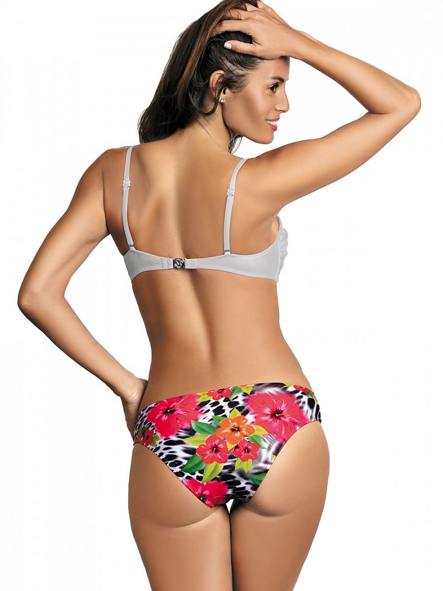 Maillot de Bain 2 Pièces Bandeau Push-Up Marko - Haut Gris Uni & Bas Floral Léopard - Bretelles Amovibles