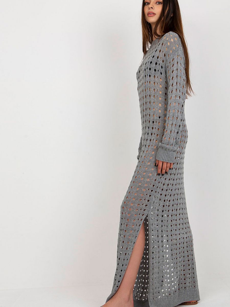 Robe de Plage Longue Badu - Maille Ajourée Grise Fendue