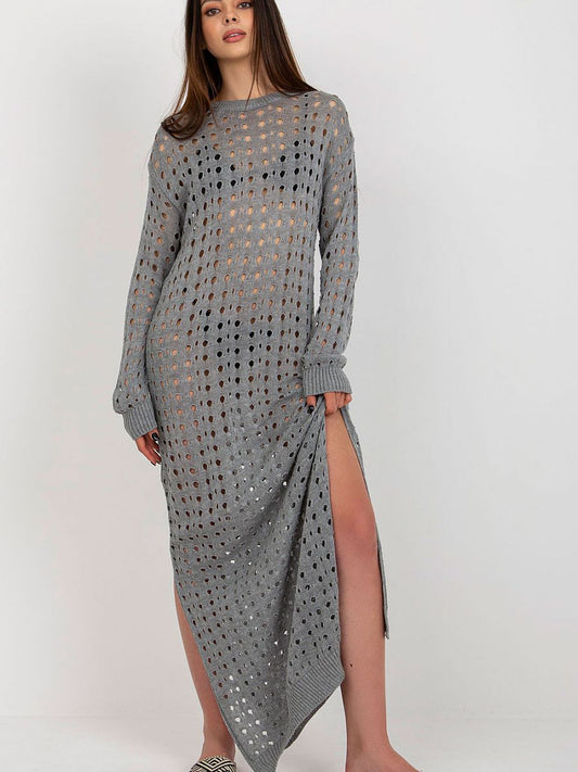 Robe de Plage Longue Badu  - Maille Ajourée Grise Fendue