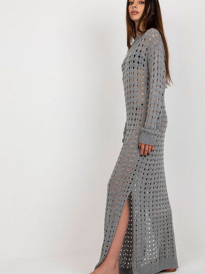 Robe de Plage Longue Badu  - Maille Ajourée Grise Fendue