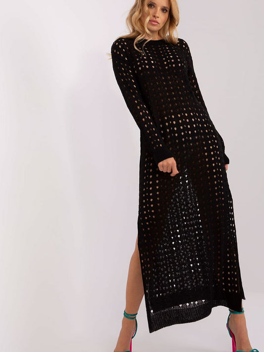Robe de Plage Longue en Maille Ajourée Noire - Badu - Manches Longues