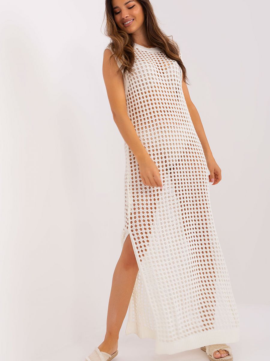 Robe de Plage Longue  Badu en Maille Ajourée - Blanc Cassé